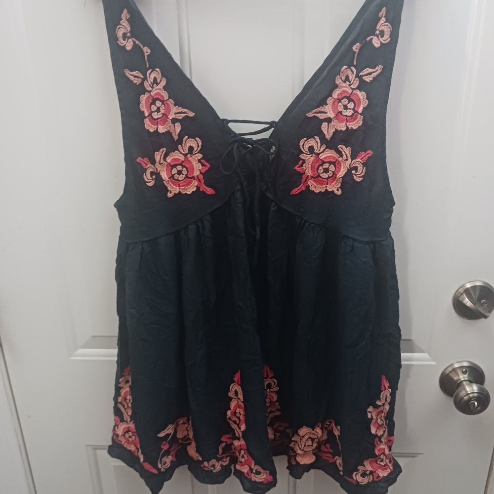 Black Embroidered Floral Babydoll Tunic